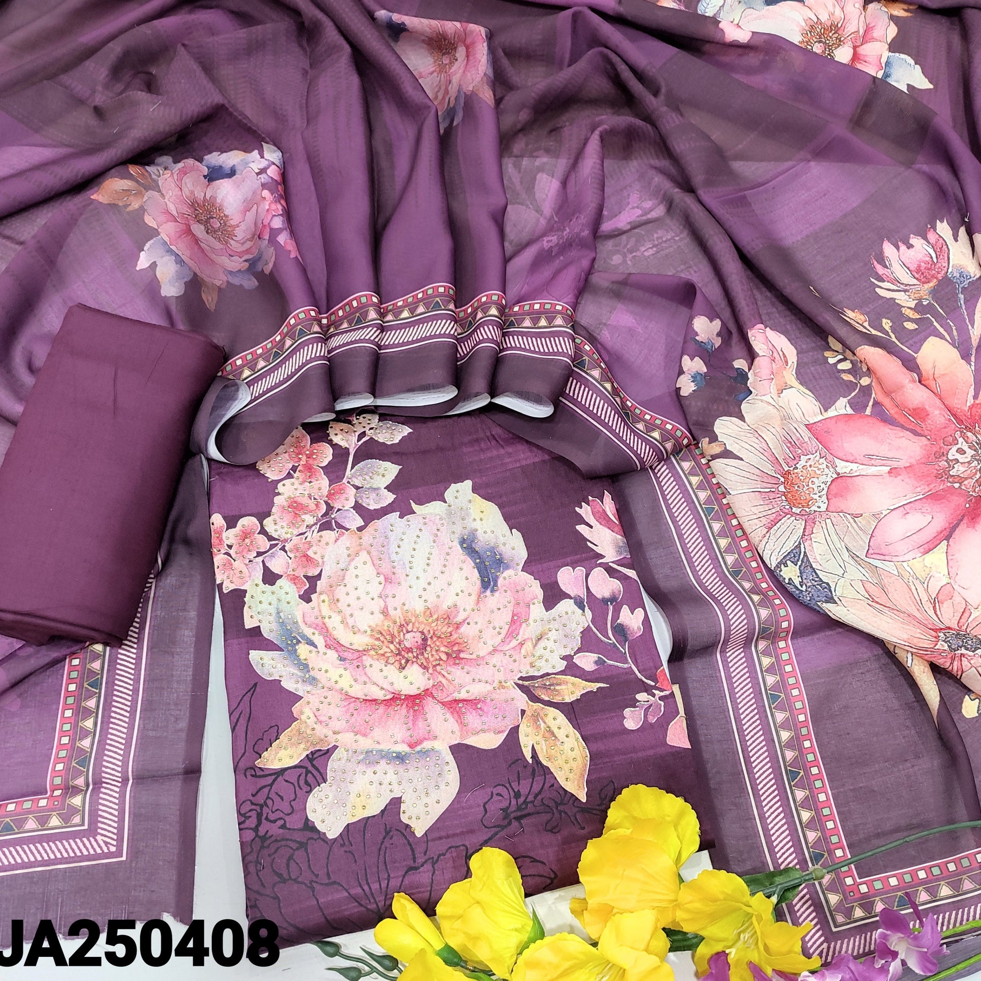 CODE JA250408: Dark beetroot purple fancy silk cotton unstitched salwar material(lining needed)matching santoon bottom