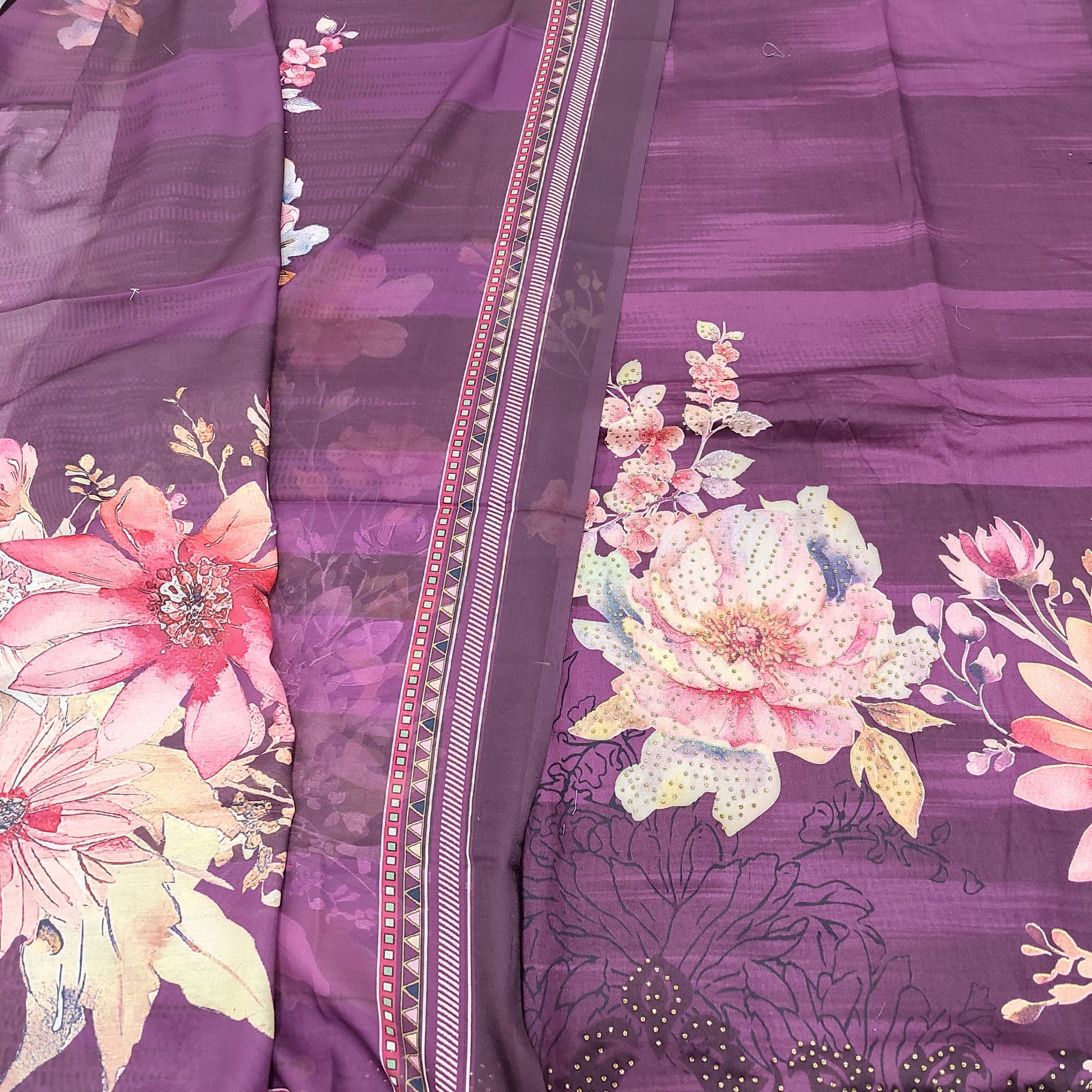 CODE JA250408: Dark beetroot purple fancy silk cotton unstitched salwar material(lining needed)matching santoon bottom