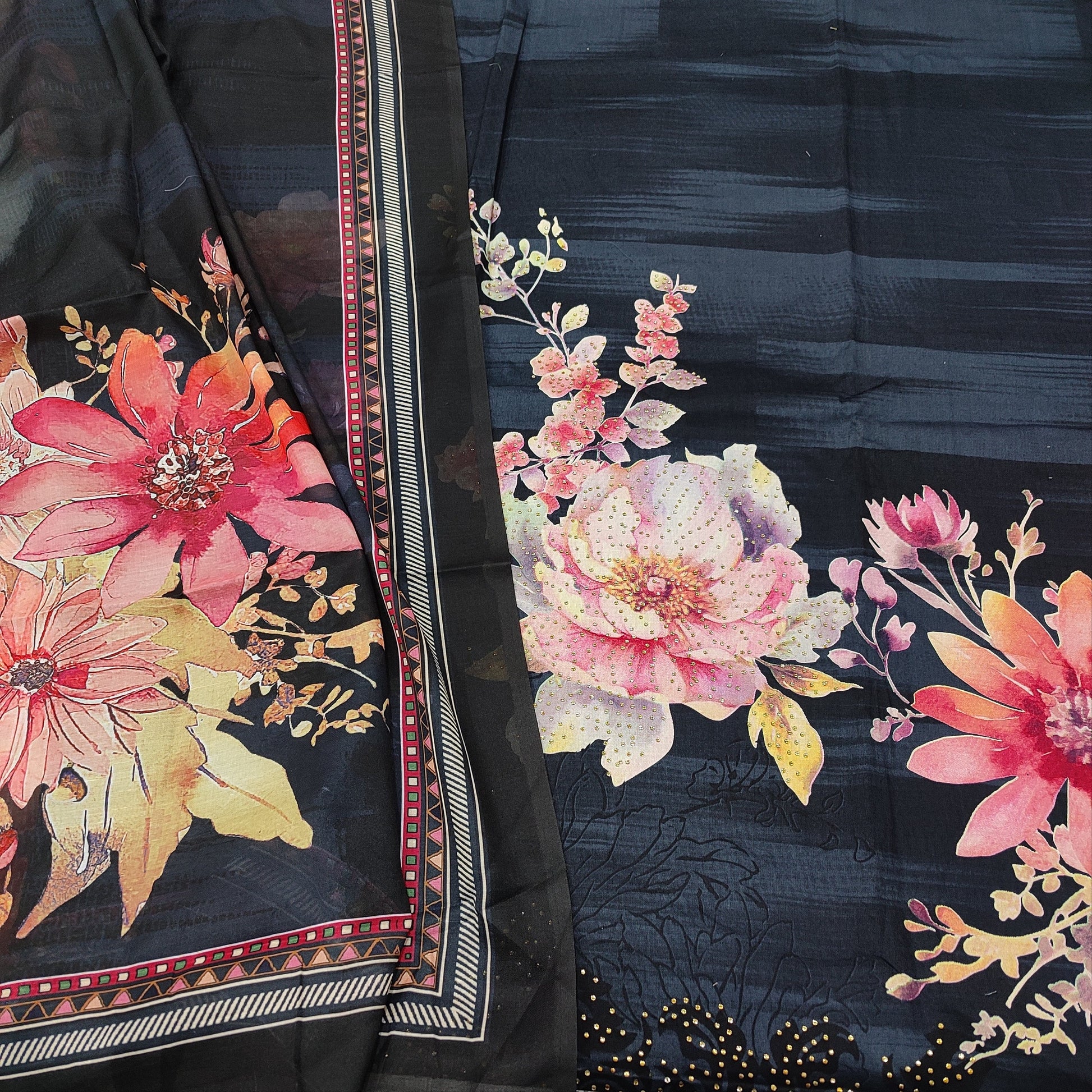 CODE JA250409: Black fancy silk cotton unstitched salwar material(lining needed)matching santoon bottom digital printed