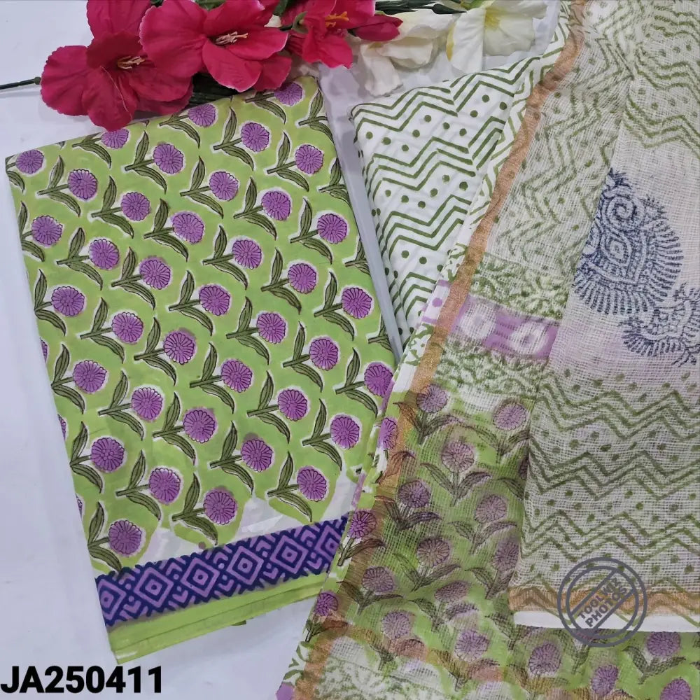 CODE JA250411: Bright green hand block printed premium cotton unstitched salwar material(lining needed)zigzag printed