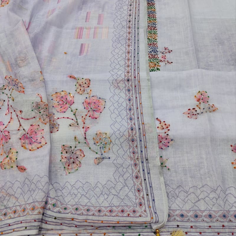 CODE JA250514: Lavender designer digital printed semi linen unstitched salwar material thread work on yoke& front(thin