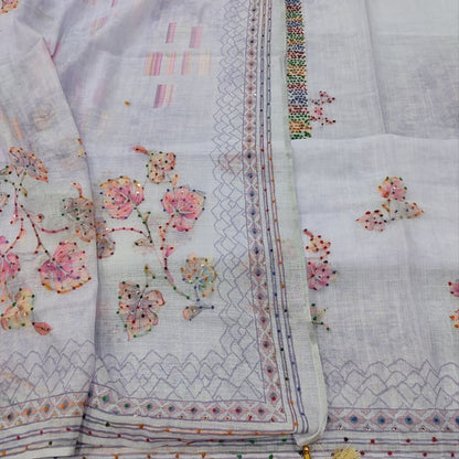 CODE JA250514: Lavender designer digital printed semi linen unstitched salwar material thread work on yoke& front(thin