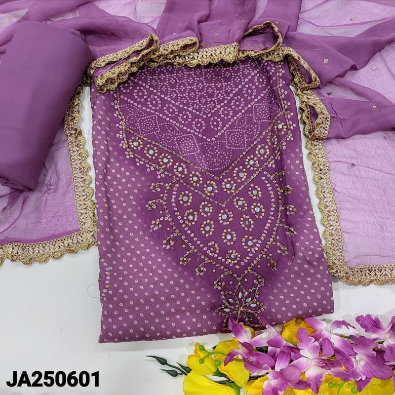 CODE JA250601: Light &dark shaded purple bandhini printed premium georgette unstitched salwar material faux mirror work