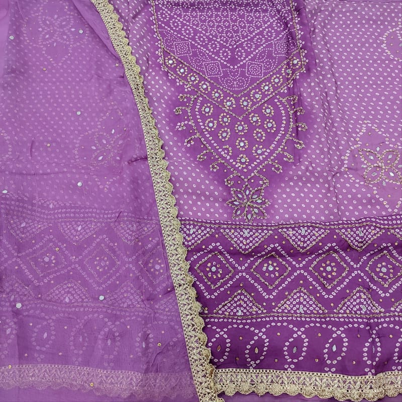 CODE JA250601: Light &dark shaded purple bandhini printed premium georgette unstitched salwar material faux mirror work