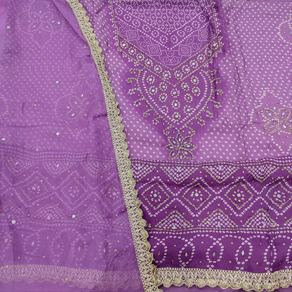 CODE JA250601: Light &dark shaded purple bandhini printed premium georgette unstitched salwar material faux mirror work