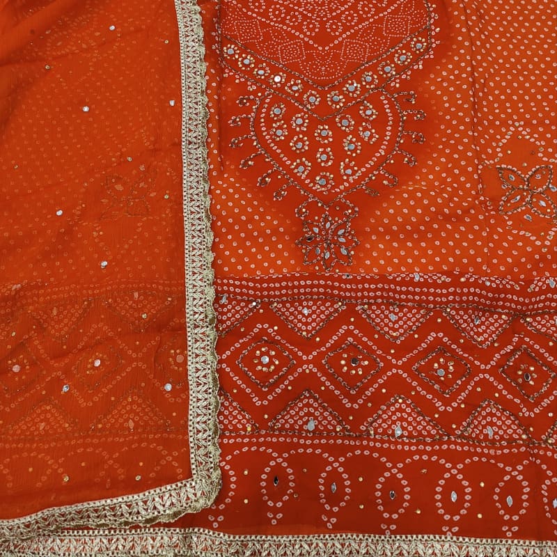 CODE JA250602: Light &dark shaded orange bandhini printed premium georgette unstitched salwar material faux mirror work