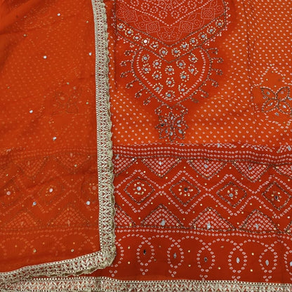 CODE JA250602: Light &dark shaded orange bandhini printed premium georgette unstitched salwar material faux mirror work