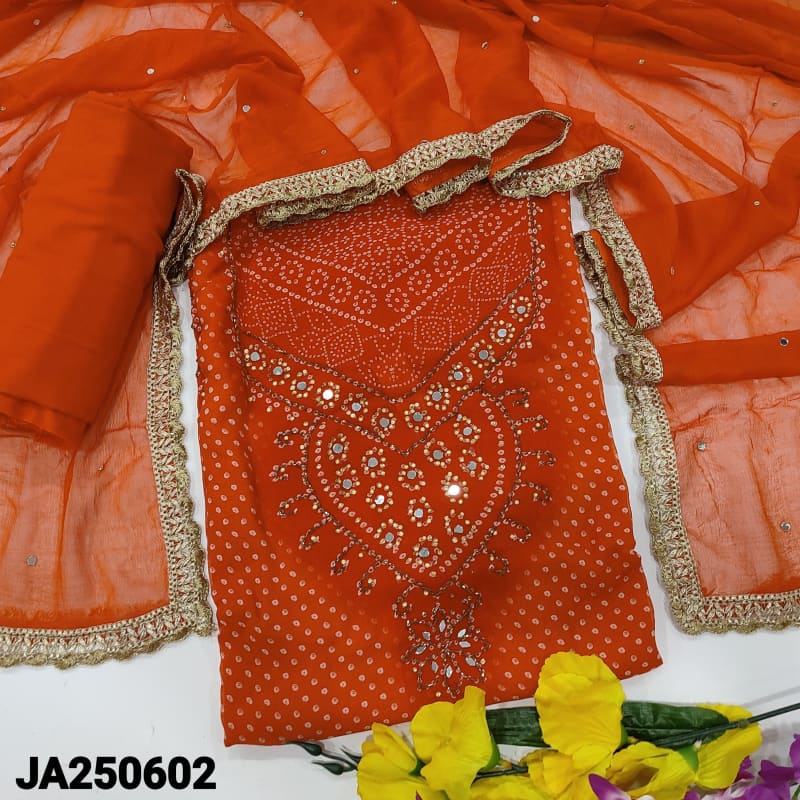 CODE JA250602: Light &dark shaded orange bandhini printed premium georgette unstitched salwar material faux mirror work