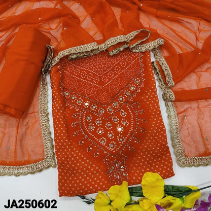 CODE JA250602: Light &dark shaded orange bandhini printed premium georgette unstitched salwar material faux mirror work
