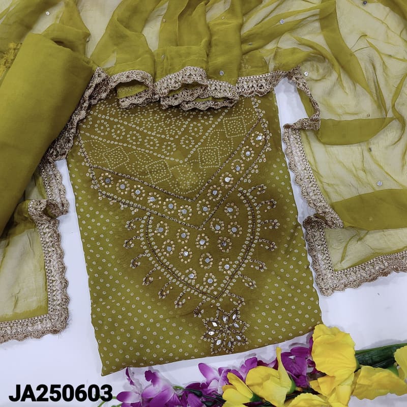 CODE JA250603: Light &dark shaded mossy green bandhini printed premium georgette unstitched salwar material faux mirror