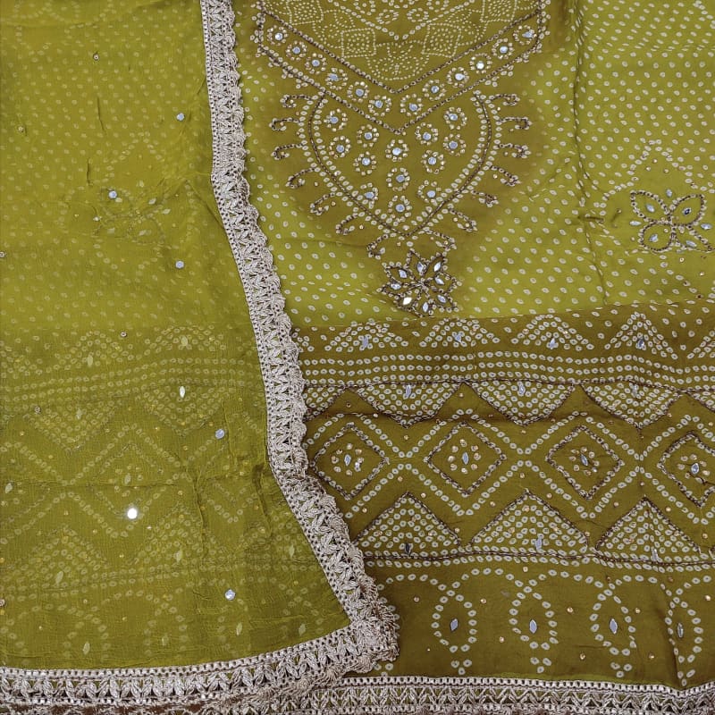 CODE JA250603: Light &dark shaded mossy green bandhini printed premium georgette unstitched salwar material faux mirror