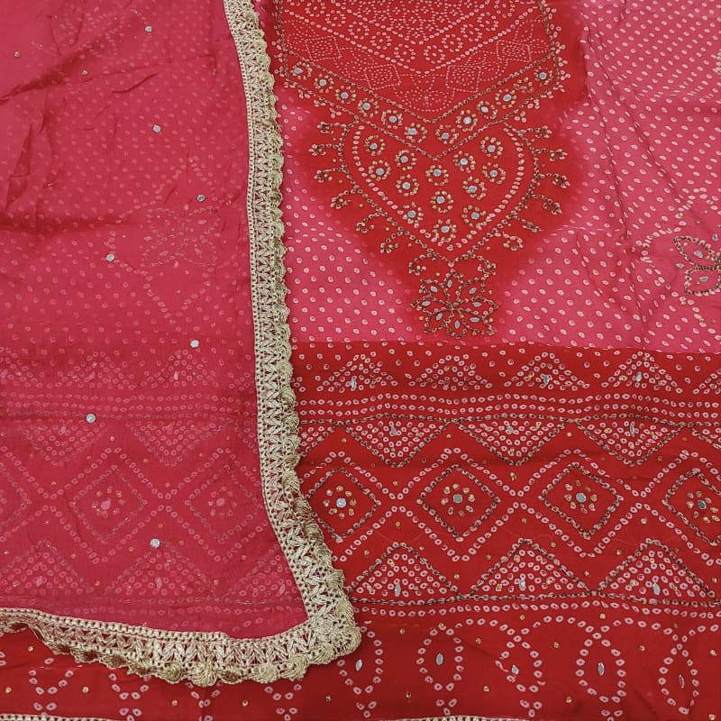 CODE JA250604: Light &dark shaded pink bandhini printed premium georgette unstitched salwar material faux mirror work