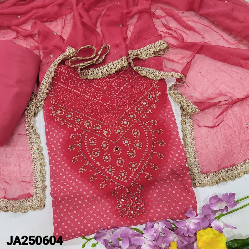 CODE JA250604: Light &dark shaded pink bandhini printed premium georgette unstitched salwar material faux mirror work