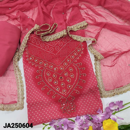 CODE JA250604: Light &dark shaded pink bandhini printed premium georgette unstitched salwar material faux mirror work