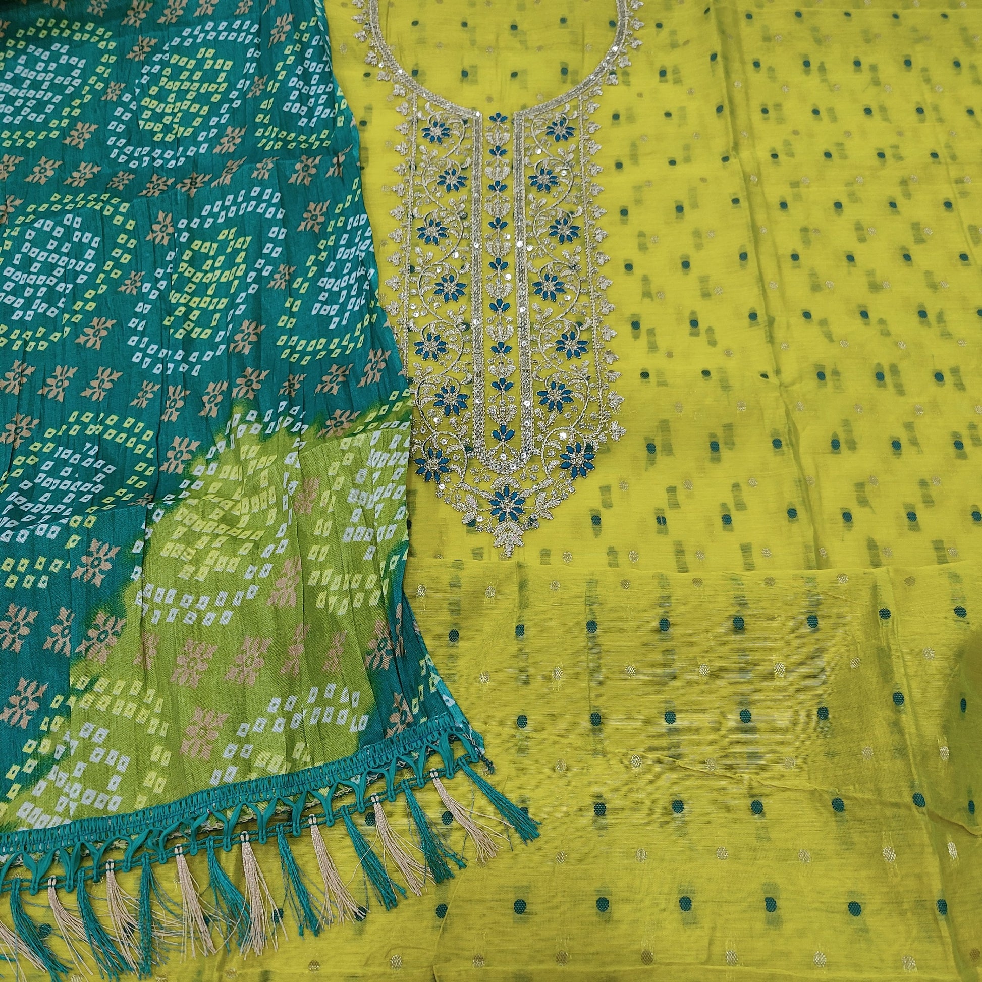 CODE JA250609: Tender leaf green fancy silk cotton unstitched salwar material thread &zari work on yoke thread& zari