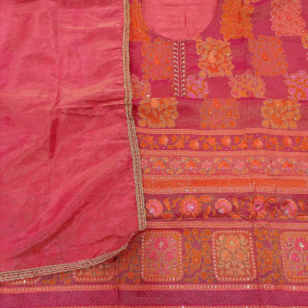 CODE JA250701: Dark pink with golden tint tissue organza silk unstitched salwar material zardozi& sequins work on yoke