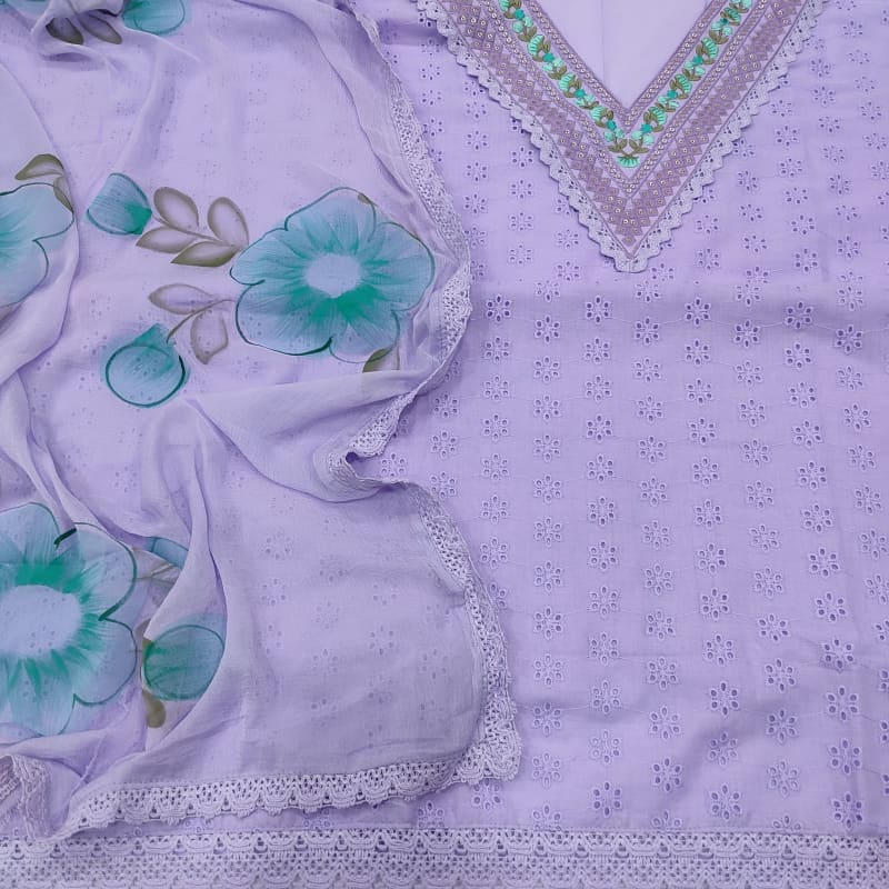 Lavender schiffli embroidered cotton unstitched salwar material v neck with thread& sequins work(thin