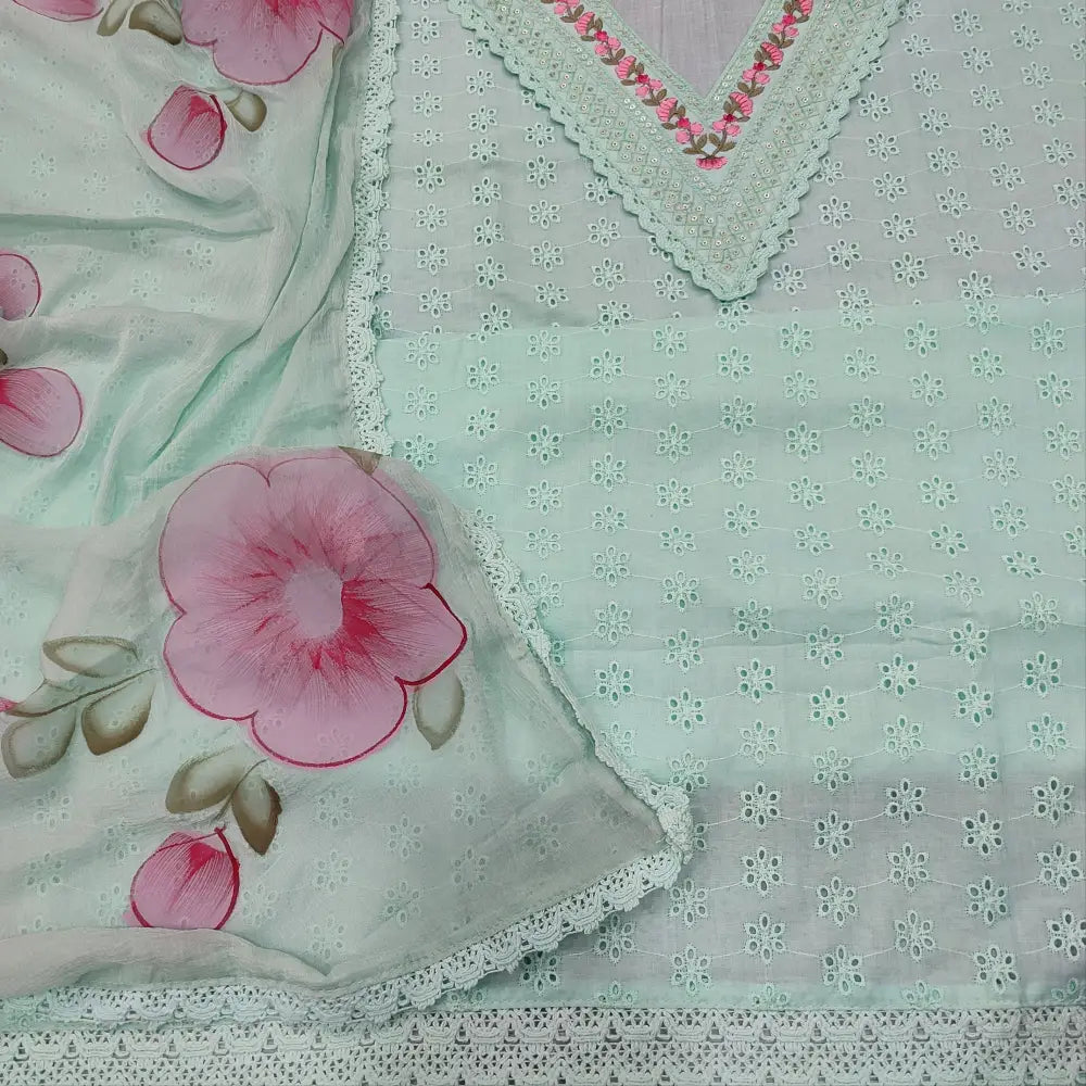 CODE JA250704: Sea green schiffli embroidered cotton unstitched salwar material v neck with thread& sequins work(thin