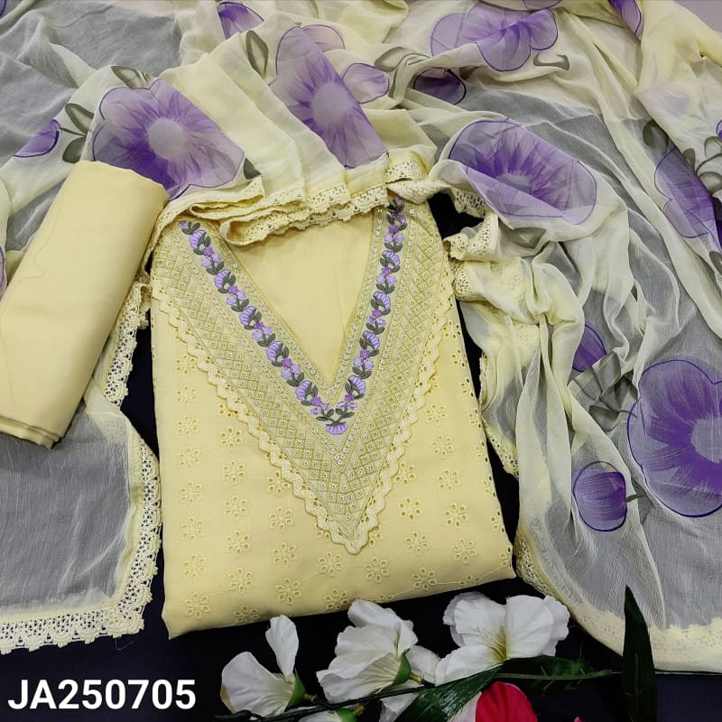 CODE JA250705: Pastel yellow schiffli embroidered cotton unstitched salwar material v neck with thread& sequins