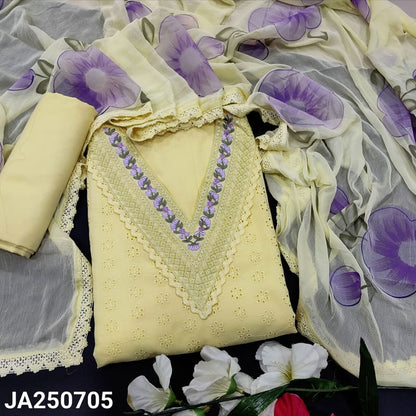 CODE JA250705: Pastel yellow schiffli embroidered cotton unstitched salwar material v neck with thread& sequins