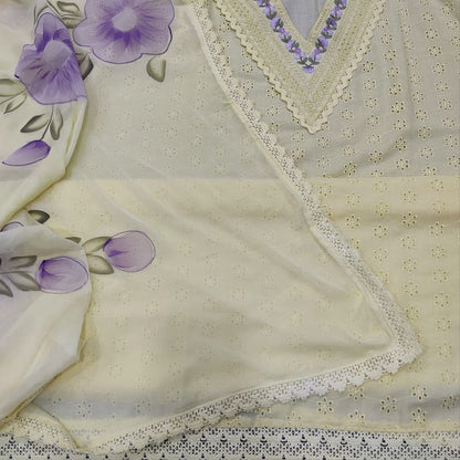 CODE JA250705: Pastel yellow schiffli embroidered cotton unstitched salwar material v neck with thread& sequins