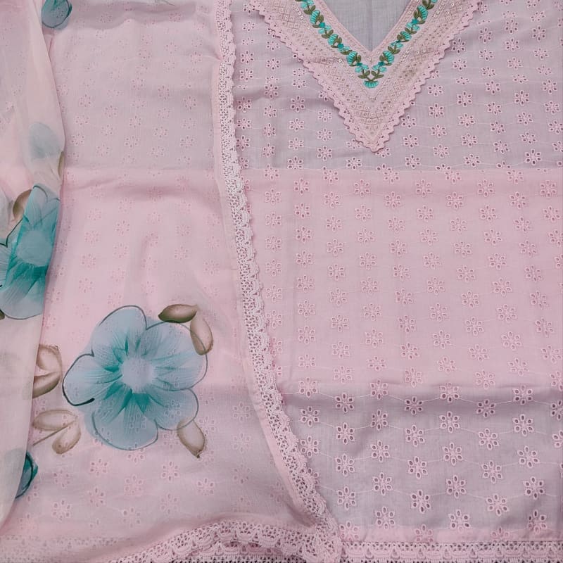 Pastel pink embroidered cotton salwar material with chiffon dupatta