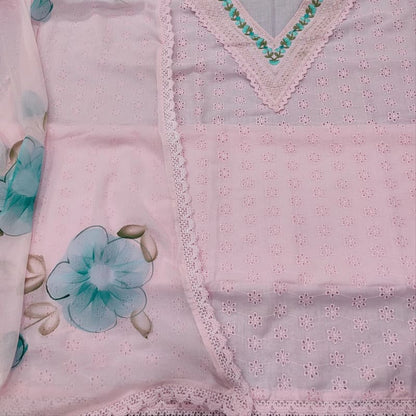 Pastel pink embroidered cotton salwar material with chiffon dupatta