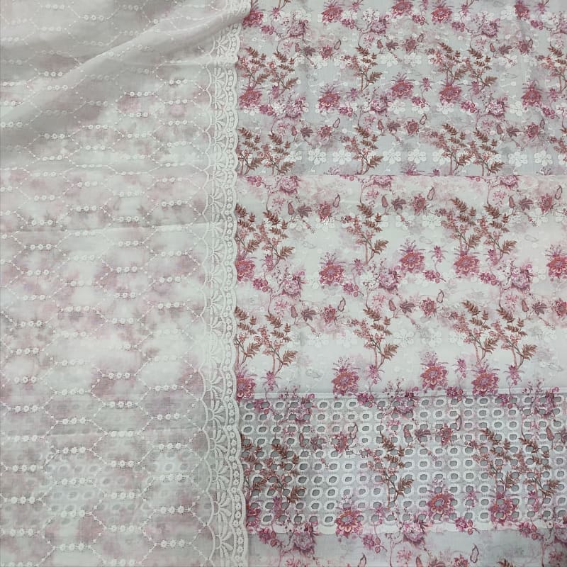 White base floral printed glazed cotton unstitched salwar material self embroidered on front(thin fabric