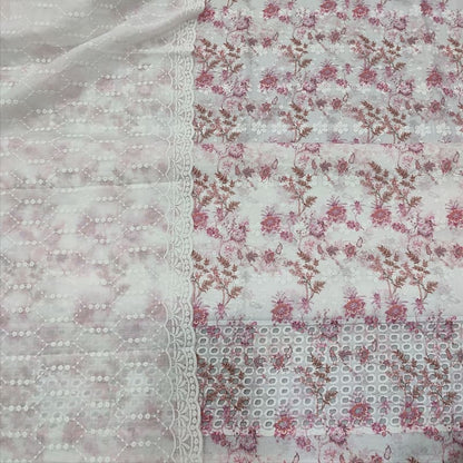 White base floral printed glazed cotton unstitched salwar material self embroidered on front(thin fabric
