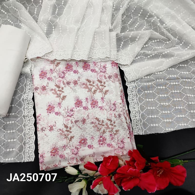 White base floral printed glazed cotton unstitched salwar material self embroidered on front(thin fabric