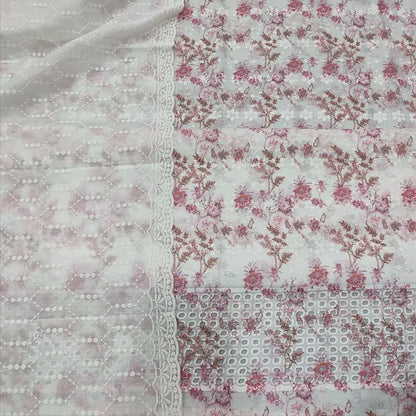 CODE JA250707: White base floral printed glazed cotton unstitched salwar material self embroidered on front(thin fabric