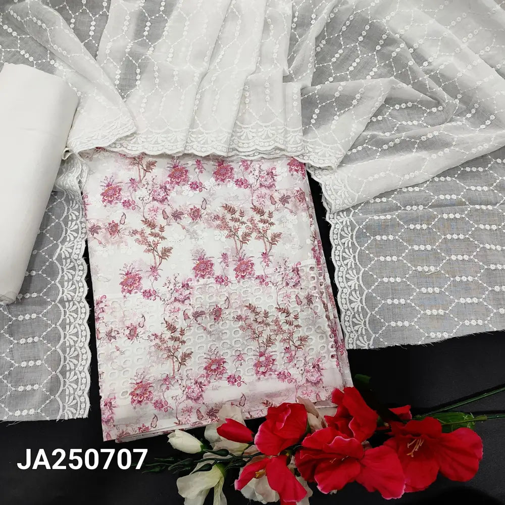 CODE JA250707: White base floral printed glazed cotton unstitched salwar material self embroidered on front(thin fabric