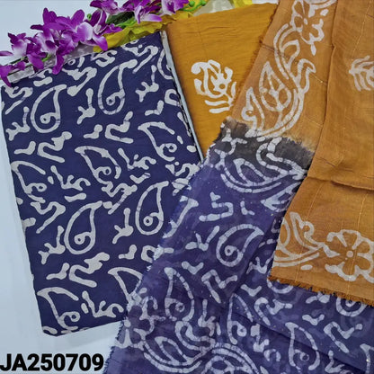CODE JA250709: Dark blue original wax batik dyed fancy silk unstitched salwar material(thin lining needed)batik dyed