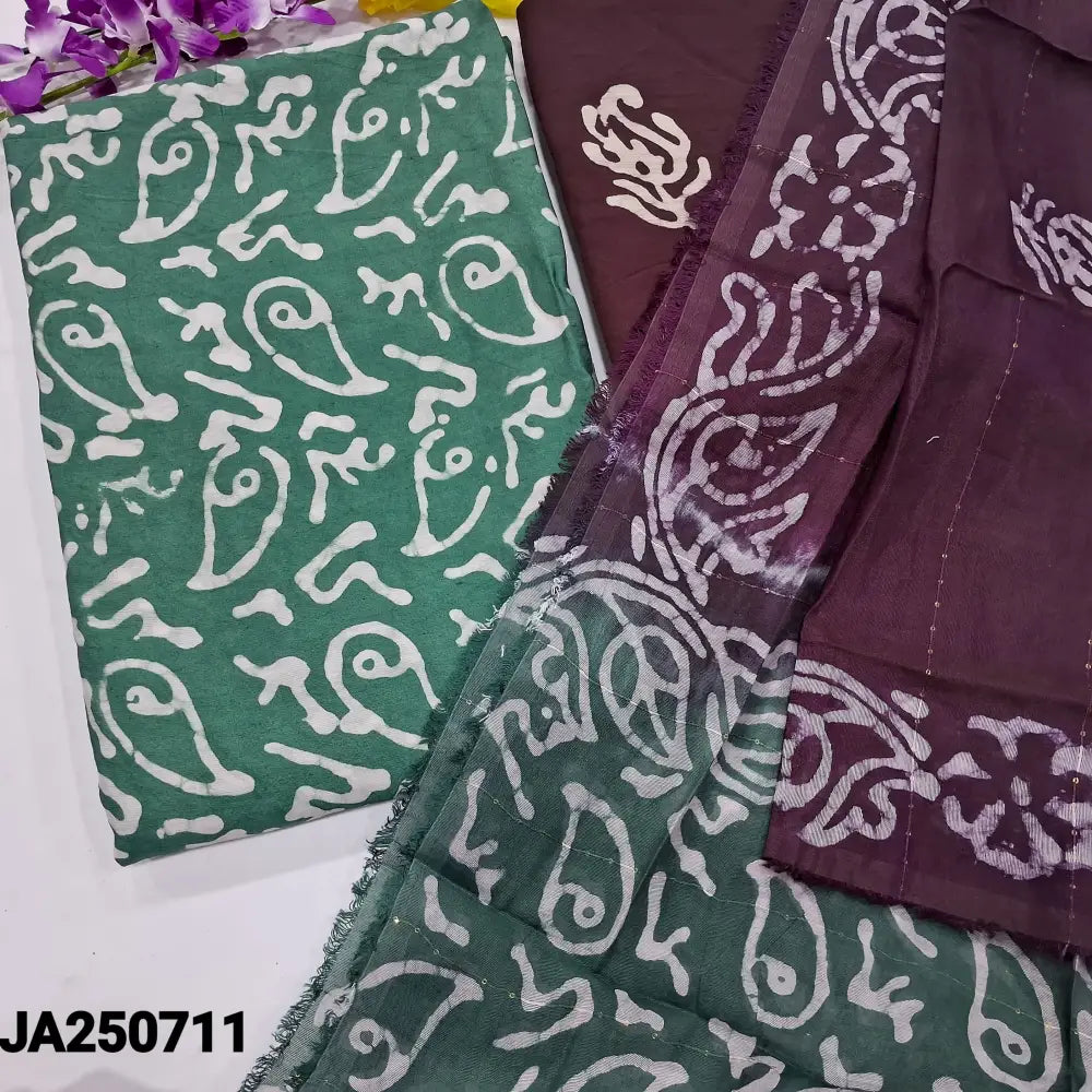 CODE JA250711: Green original wax batik dyed fancy silk unstitched salwar material(thin fabric lining needed)batik dyed