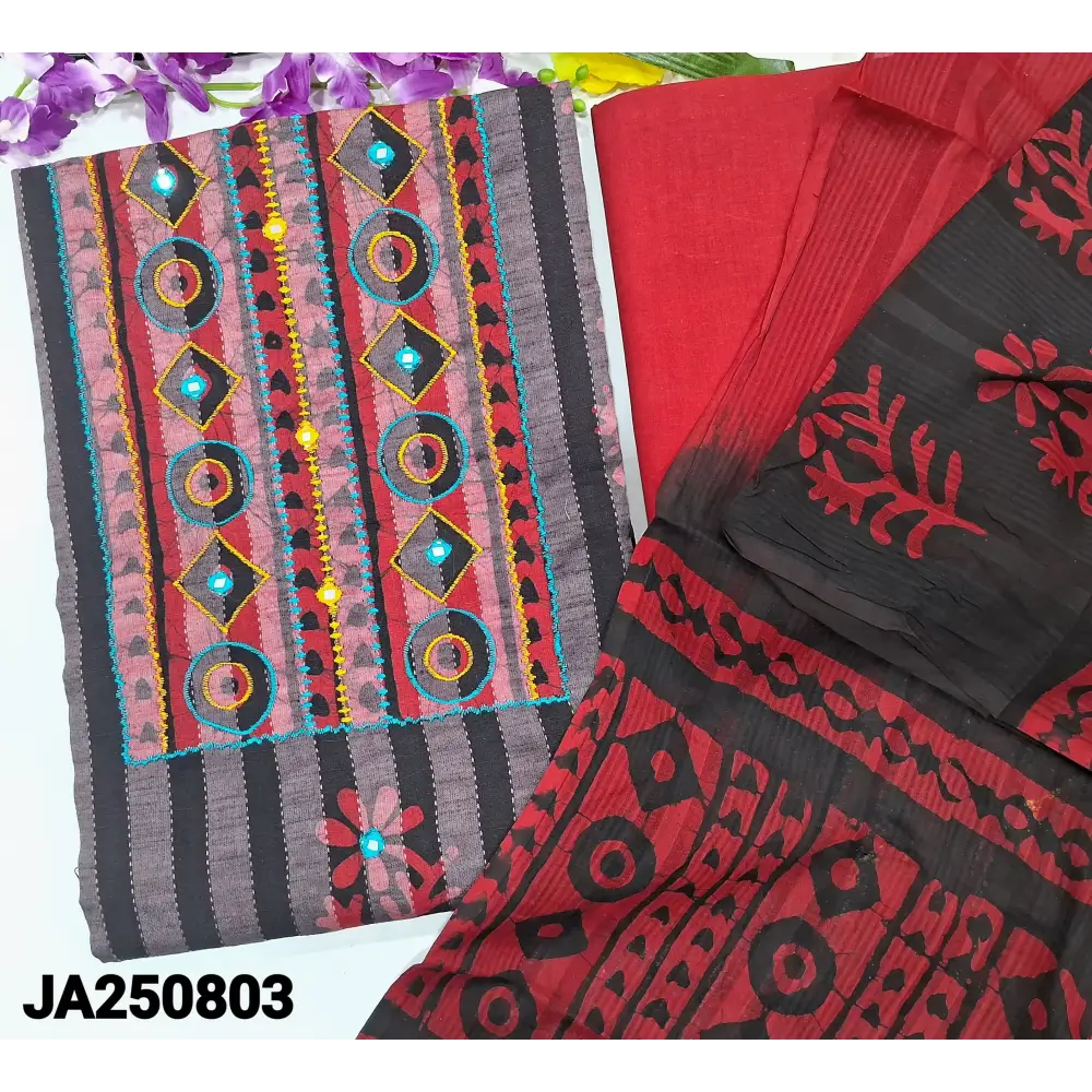 CODE JA250803: Vertical stiped original wax batik dyed pure kantha cotton unstitched salwar material real mirror work