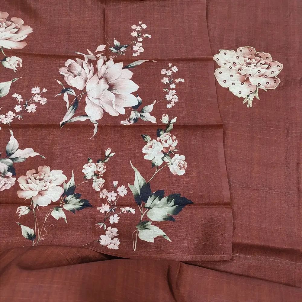 CODE JA250808: Dark maroon premium semi tussar unstitched salwar material floral printed yoke with zari& faux mirror