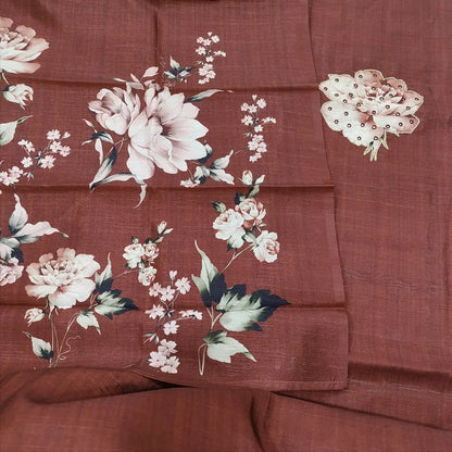 CODE JA250808: Dark maroon premium semi tussar unstitched salwar material floral printed yoke with zari& faux mirror