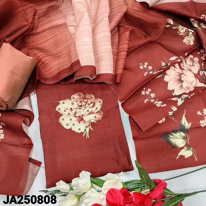 CODE JA250808: Dark maroon premium semi tussar unstitched salwar material floral printed yoke with zari& faux mirror