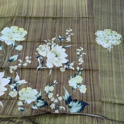 CODE JA250809: Olive green premium semi tussar unstitched salwar material floral printed yoke with zari& faux mirror