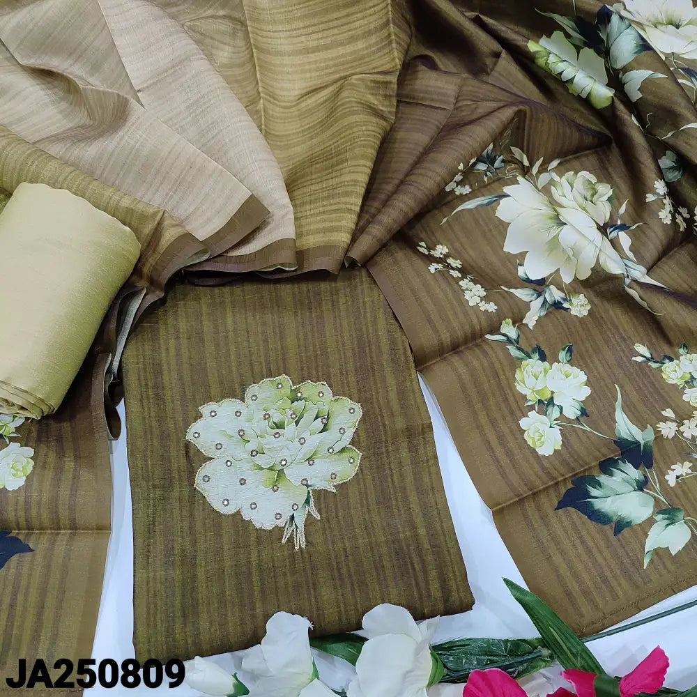 CODE JA250809: Olive green premium semi tussar unstitched salwar material floral printed yoke with zari& faux mirror
