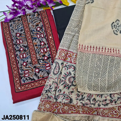 CODE JA250811: Maroon premium satin cotton unstitched salwar material kalamkari printed yoke with real mirror& sequins
