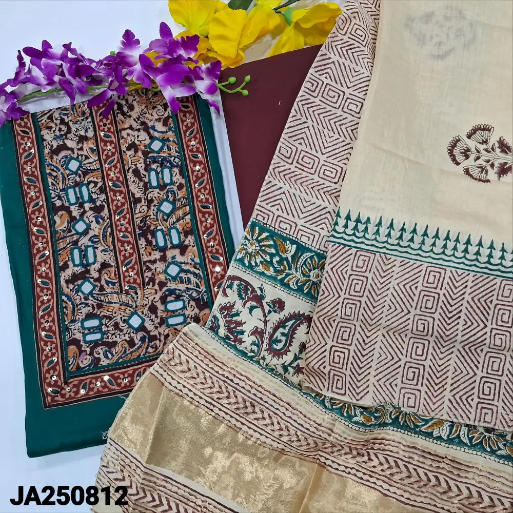 CODE JA250812: Dark teal green premium satin cotton unstitched salwar material kalamkari printed yoke with real mirror&