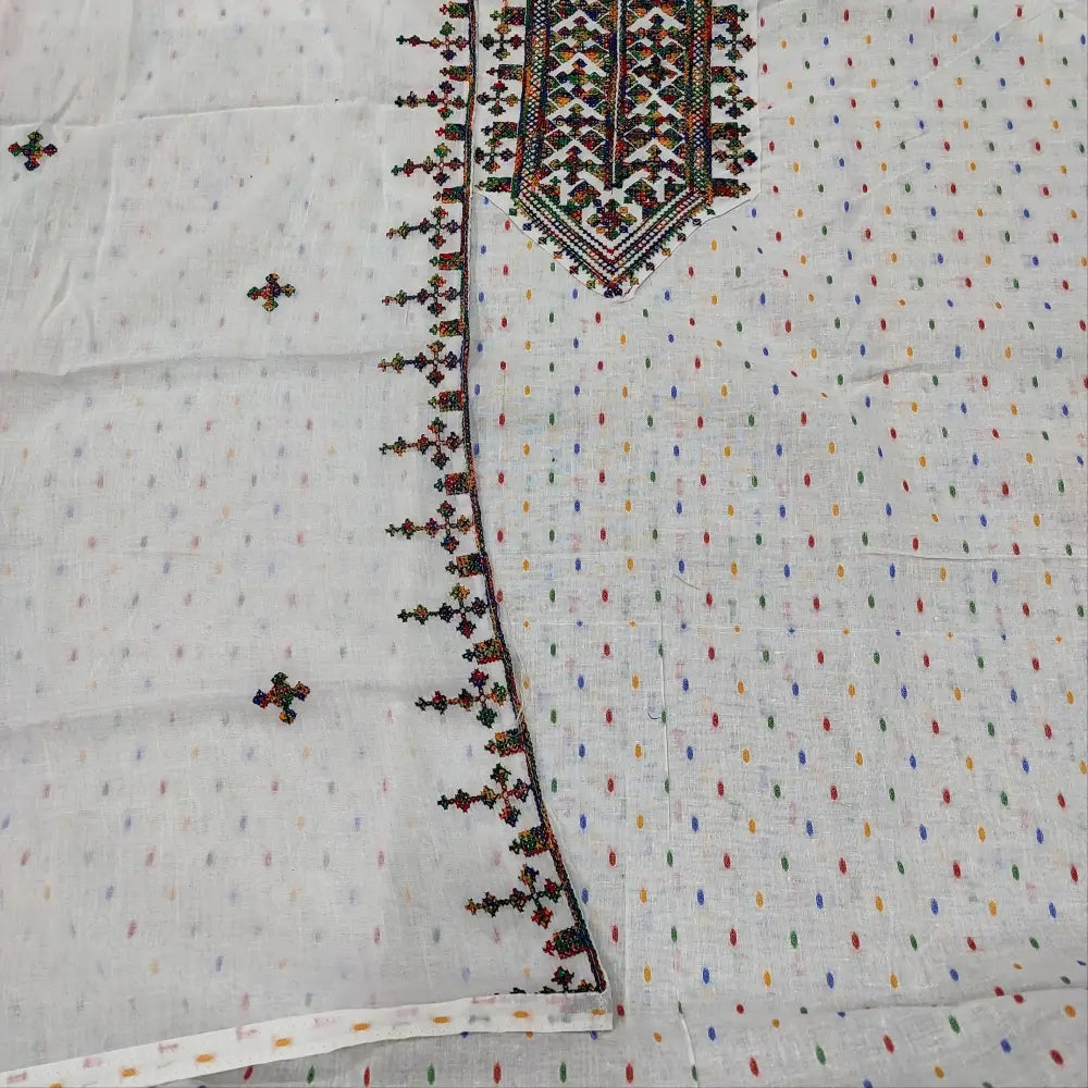 CODE JA250814: Half white base mixed cotton unstitched salwar material cross stitch embroidered on yoke multi color