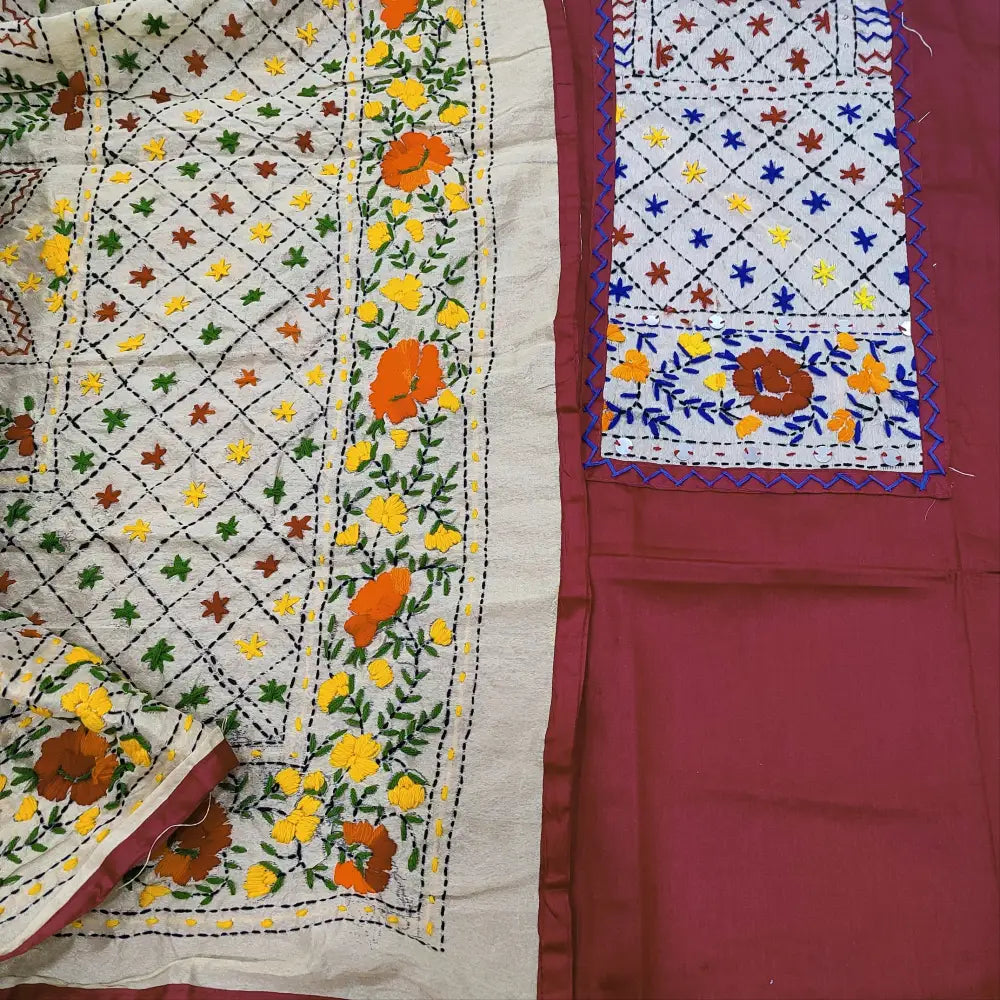 CODE JA250901: Reddish maroon satin cotton unstitched salwar material hand embroidered on yoke(lining optional)matching