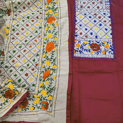 CODE JA250901: Reddish maroon satin cotton unstitched salwar material hand embroidered on yoke(lining optional)matching