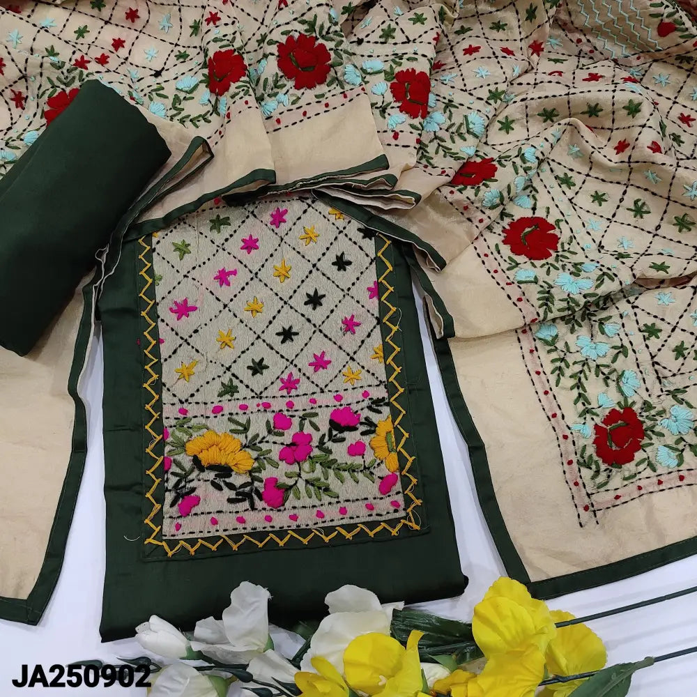 CODE JA250902: Dark olive green satin cotton unstitched salwar material hand embroidered on yoke(lining