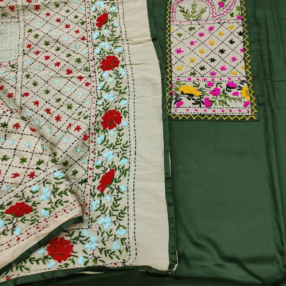 CODE JA250902: Dark olive green satin cotton unstitched salwar material hand embroidered on yoke(lining