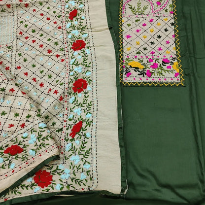 CODE JA250902: Dark olive green satin cotton unstitched salwar material hand embroidered on yoke(lining