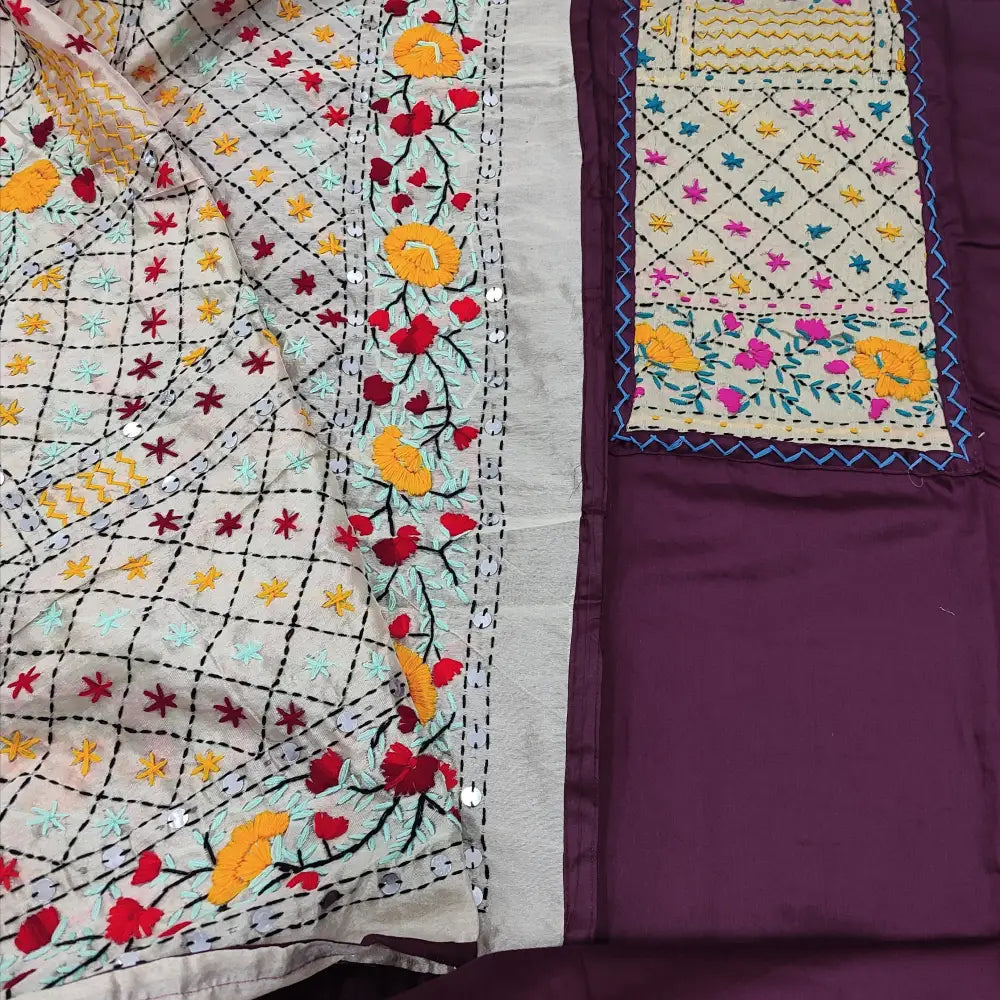 CODE JA250903: Dark beetroot purple satin cotton unstitched salwar material hand embroidered on yoke(lining