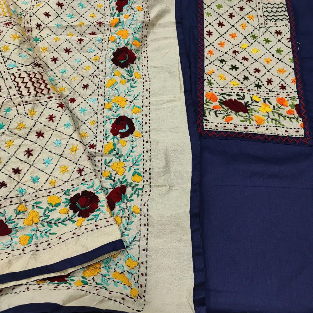 CODE JA250904: Dark blue satin cotton unstitched salwar material hand embroidered on yoke(lining optional)matching spun